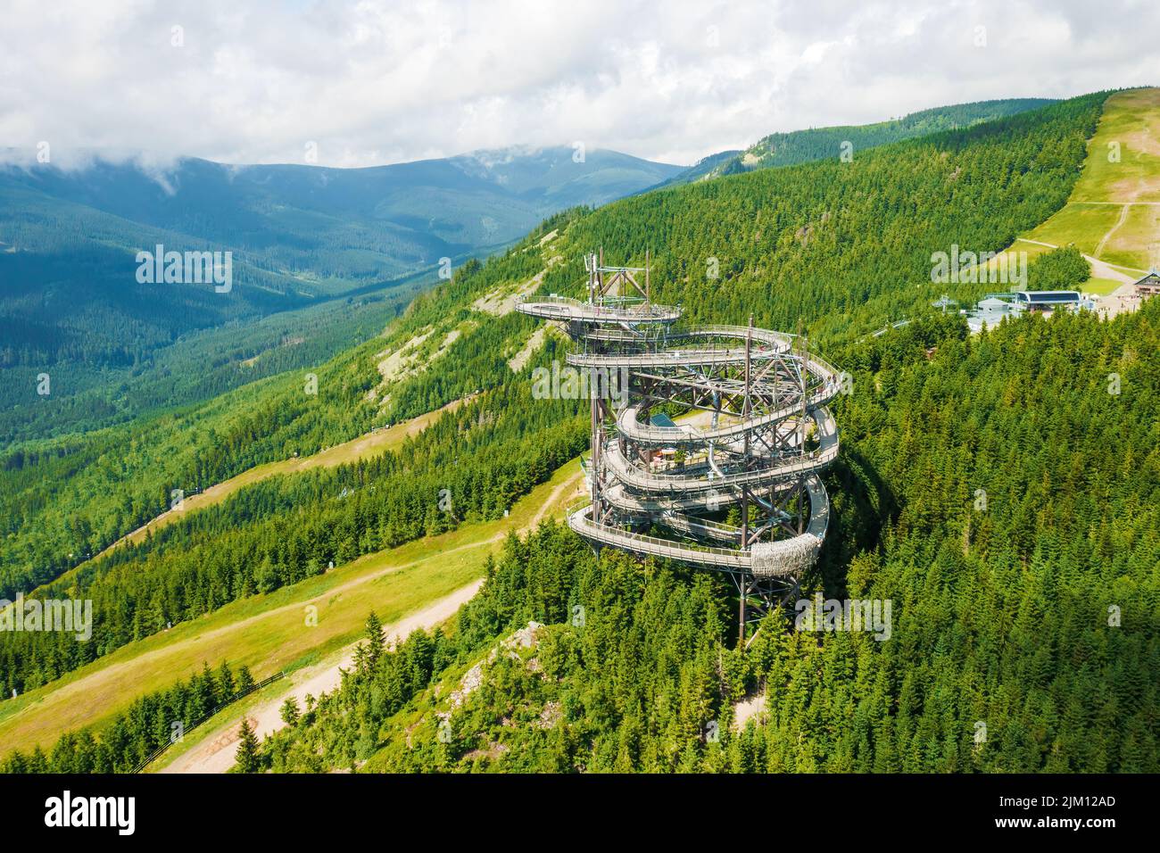 Sky walk observation tower in the forest between mountain hills near Sky Bridge 721 in a sunny summer day, Dolni Morava, Czech Republic.  Stock Photo