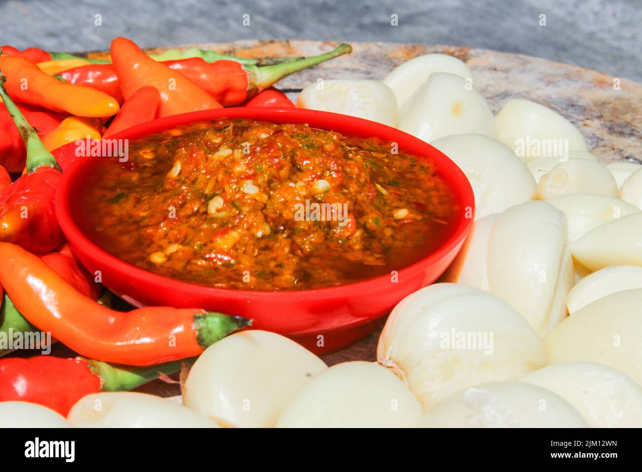 Indonesian garlic chilli sambal or sambel bawang with garlic, chilli