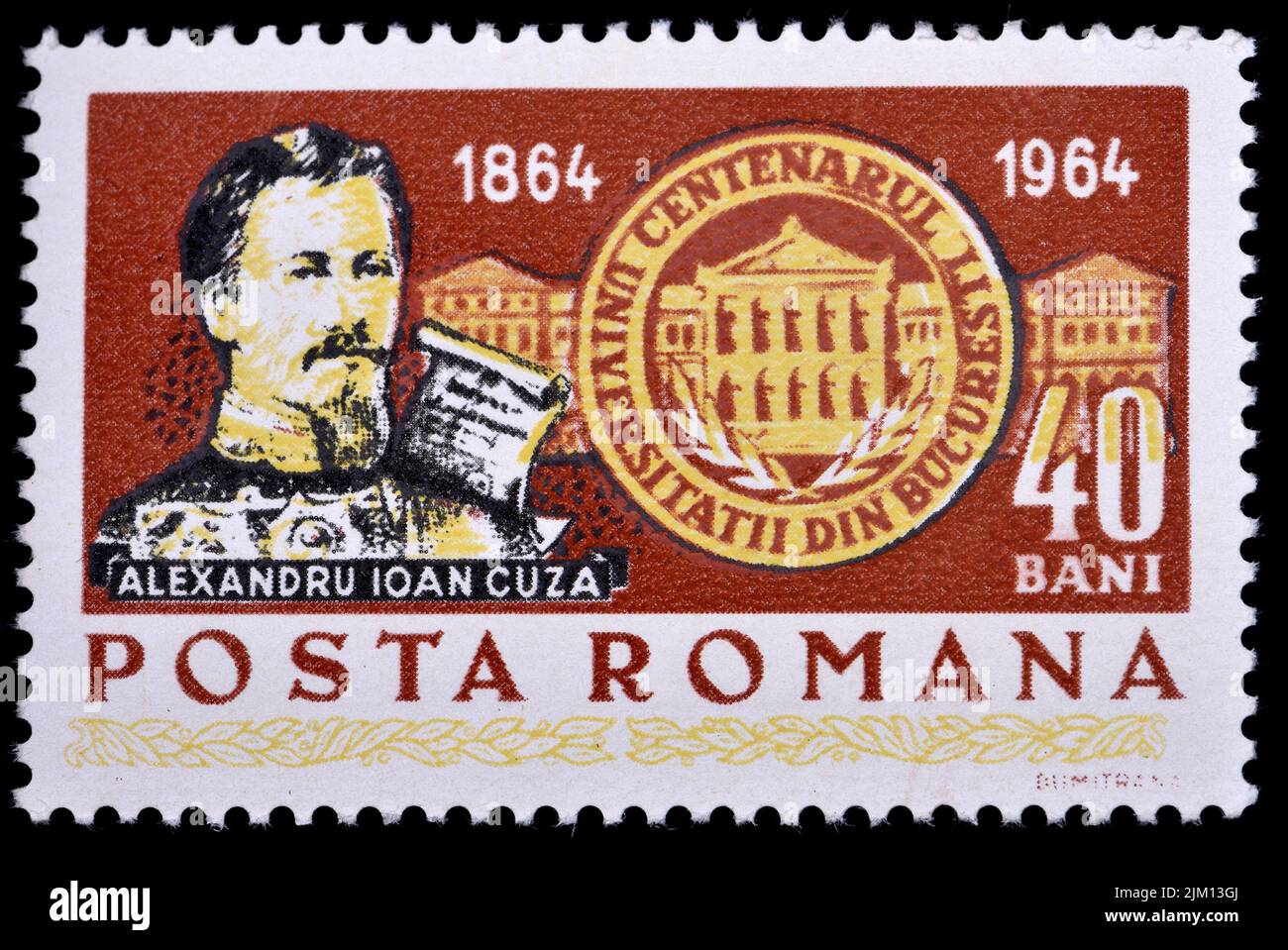 Romanian postage stamp (1964) : Centenary of Bucharest University 1864 - 1964: Alexandru Ioan Cuza / Alexandru Ioan I / Alexander John Cuza (1820 –  1 Stock Photo