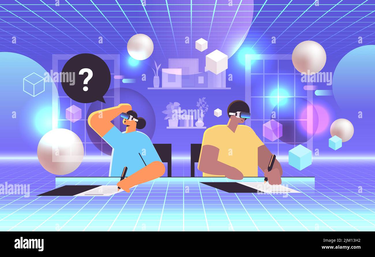 mix race students in virtual reality glasses having exam writing test