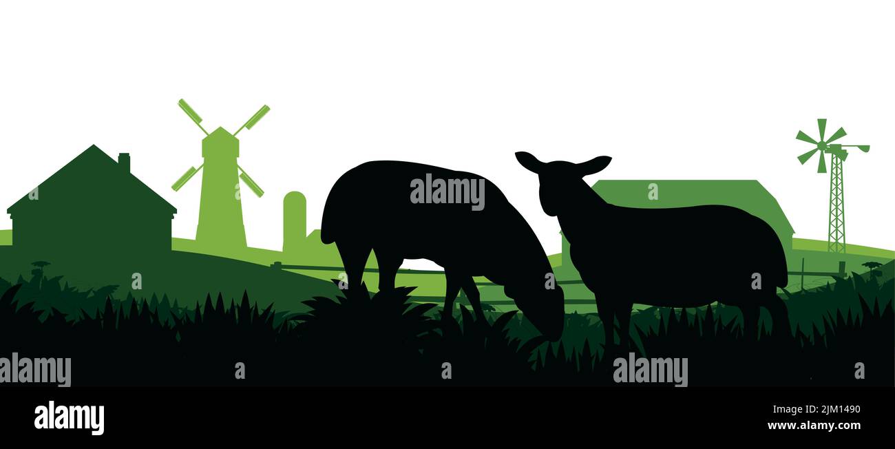Sheep graze in pasture. Picture silhouette. Farm pets. Rural landscape with farmer house. Domestic animals wool. Isolated on white background. Vector Stock Vector
