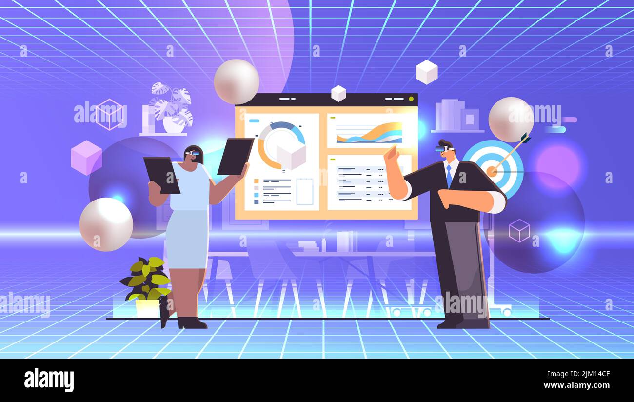 businesspeople in virtual reality glasses on graph financial statistics