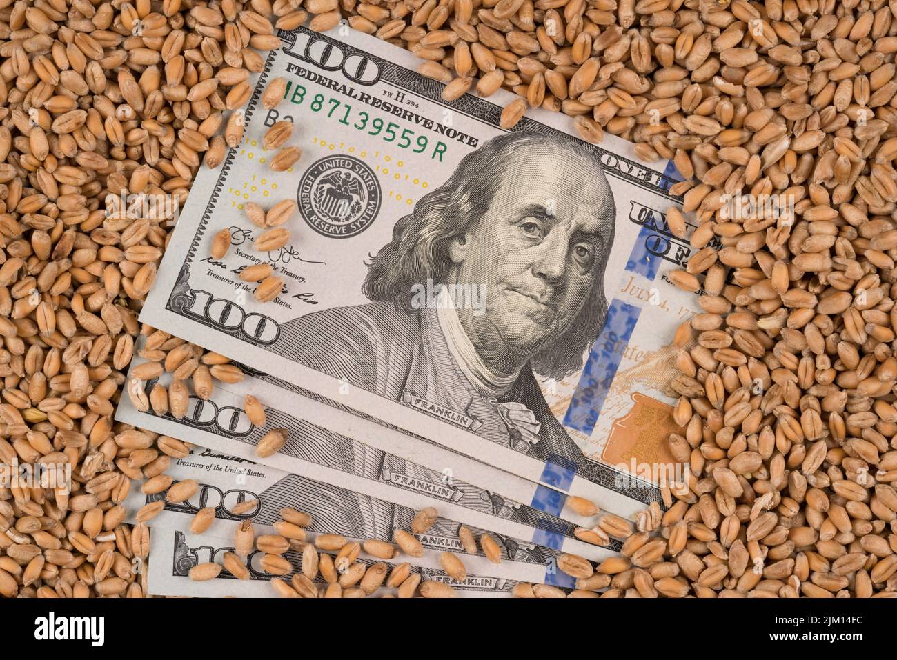 Hundred dollars banknotes over wheat grain. Global food crisis concept