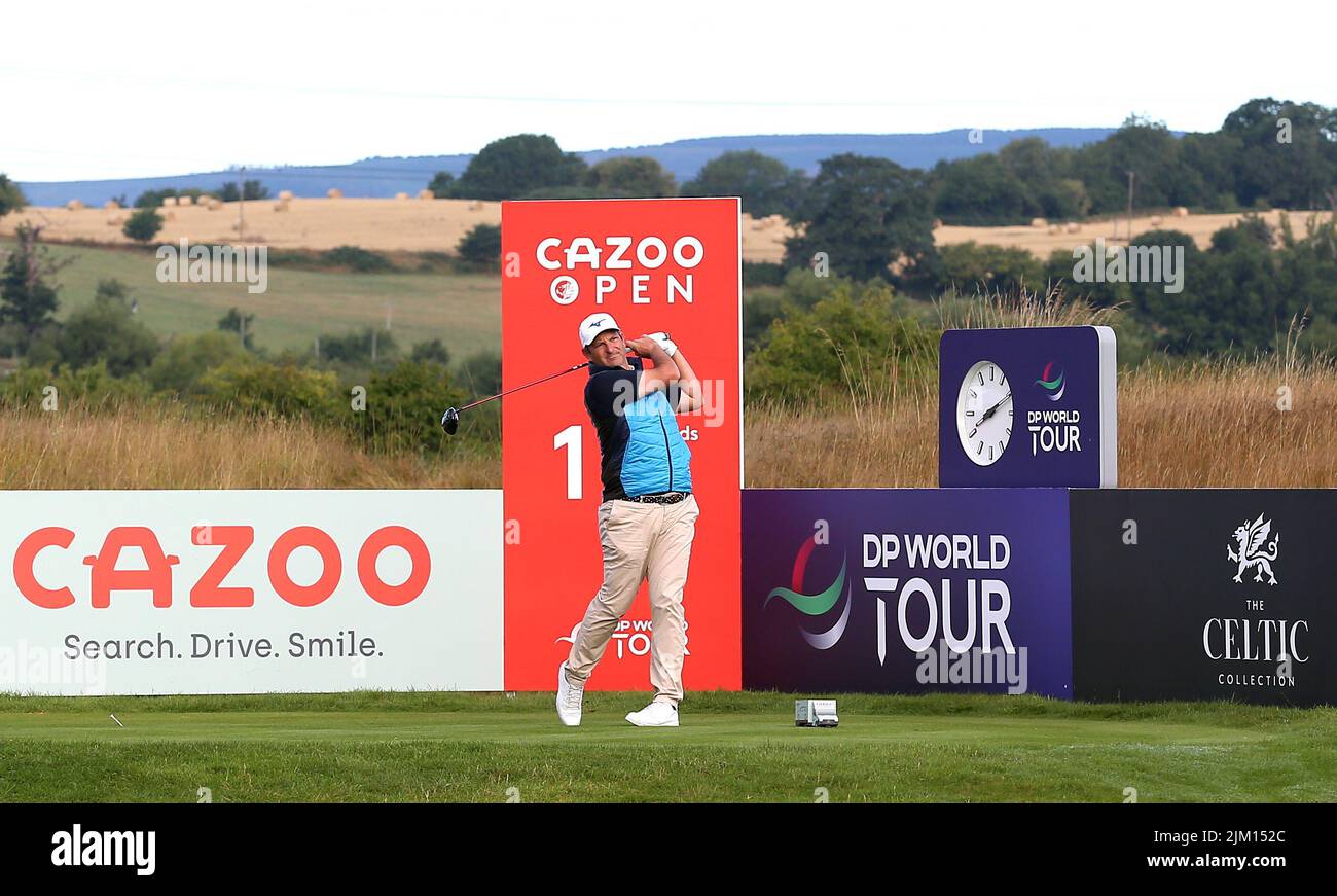 David Nixon hits his opening shot off the 1st tee during day one of the Cazoo Wales Open at the Celtic Manor Resort in Newport, Wales. Picture date: Thursday August 4, 2022. Stock Photo
