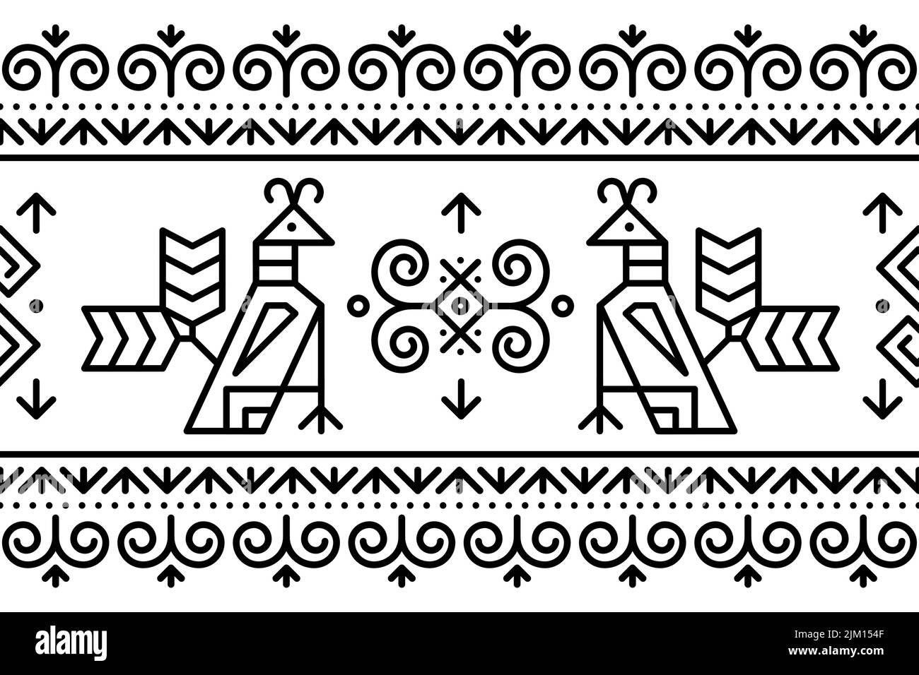 Slovak tribal folk art vector seamless geometric long horizontal pattern with brids swirls, and geometric shapes inspired by traditional painted art f Stock Vector