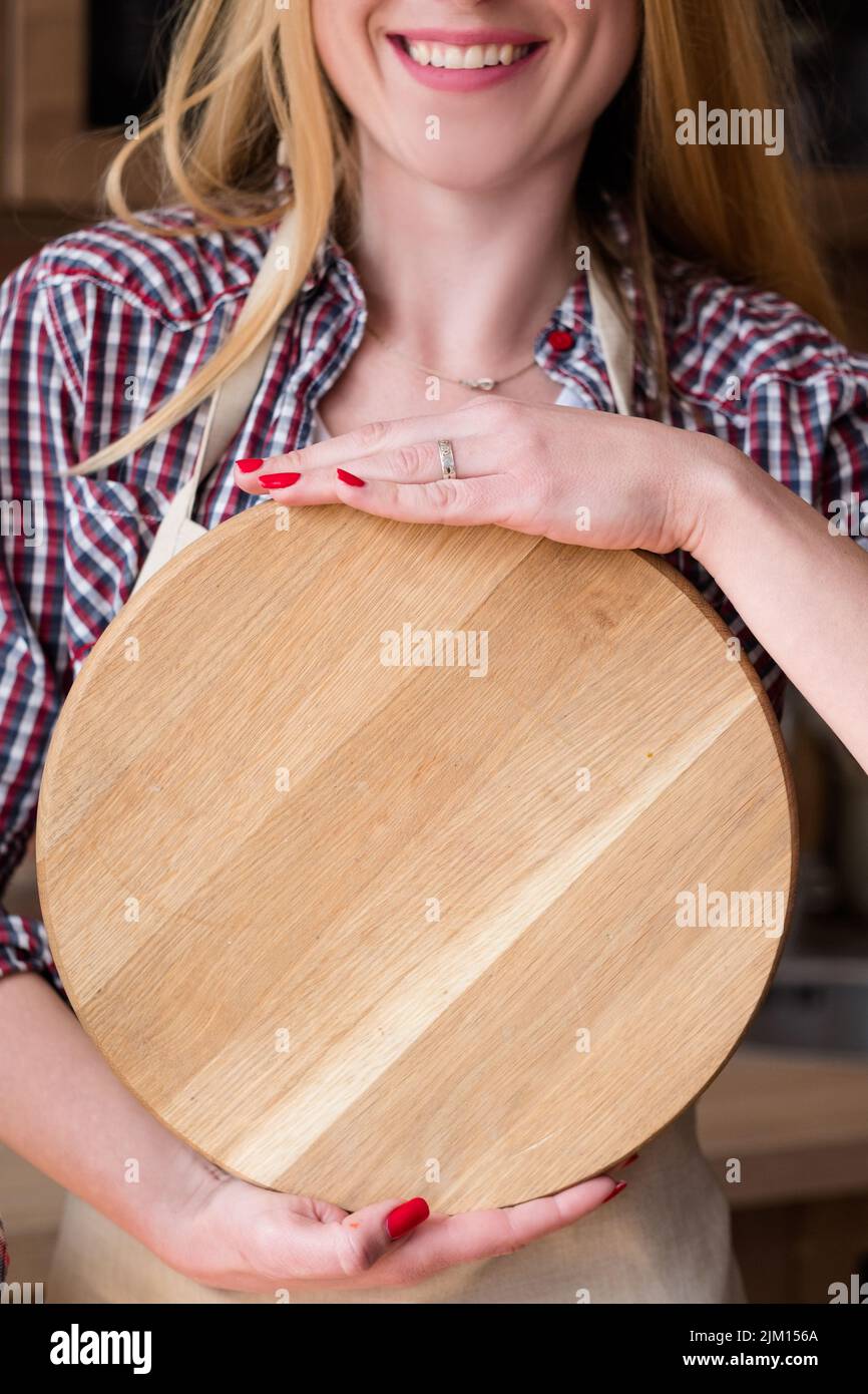 round wood cut board kitchen food circle template Stock Photo