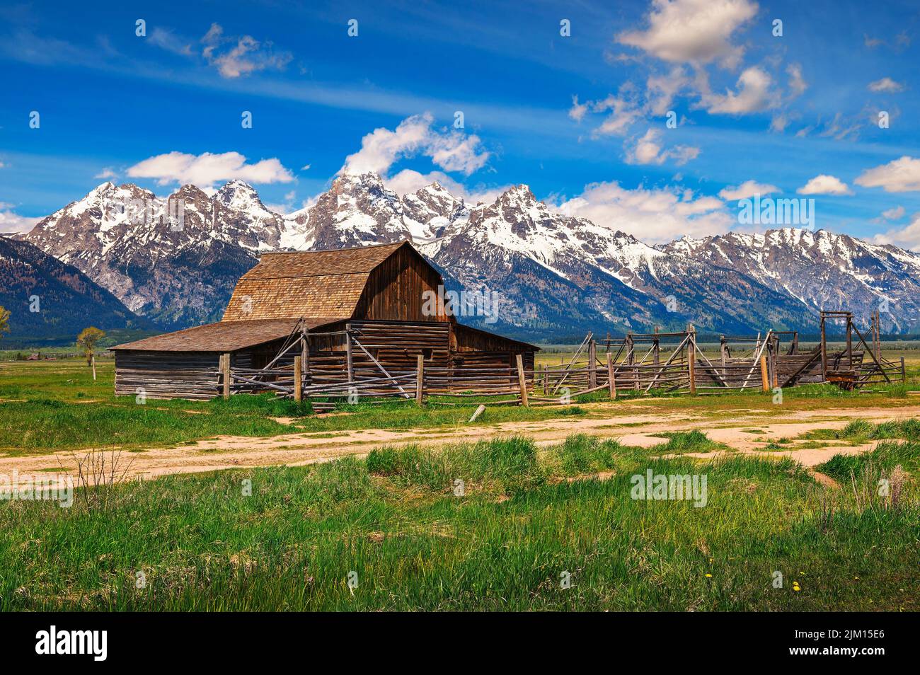 Historic John Moulton Barn at Mormon Row in Grand Teton National Park, Wyoming Stock Photo