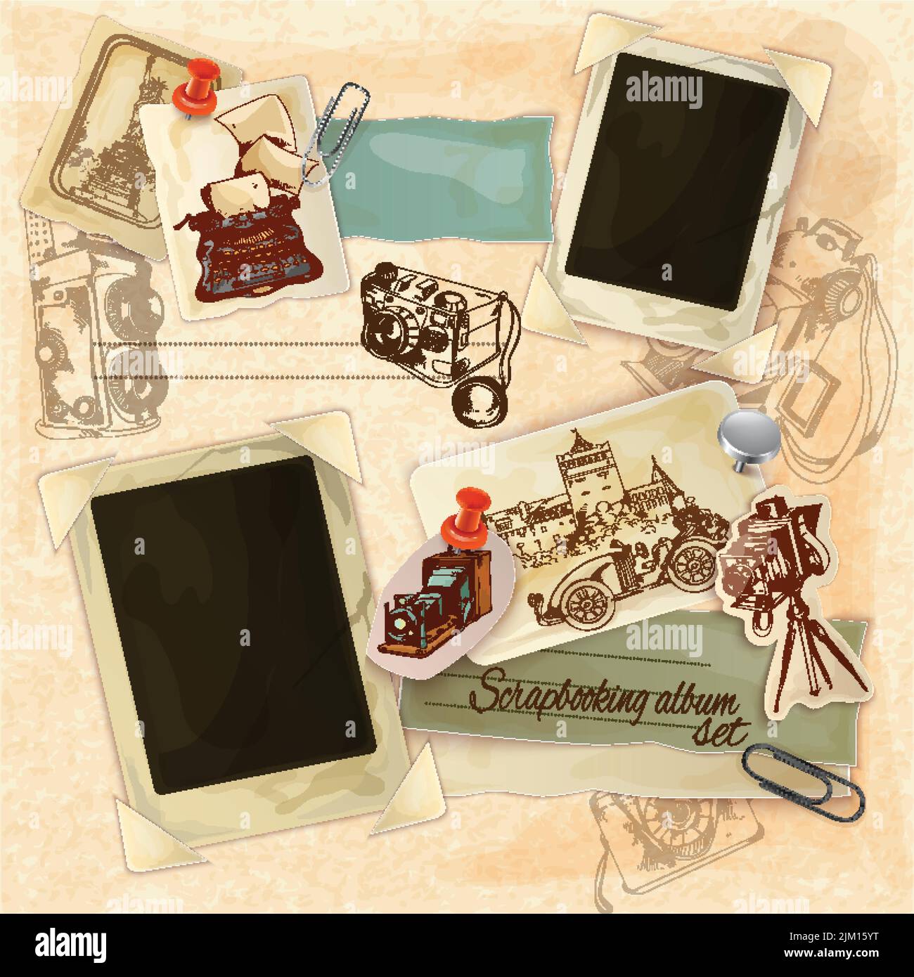 Retro scrapbooking set with vintage postcards and photo frames vector