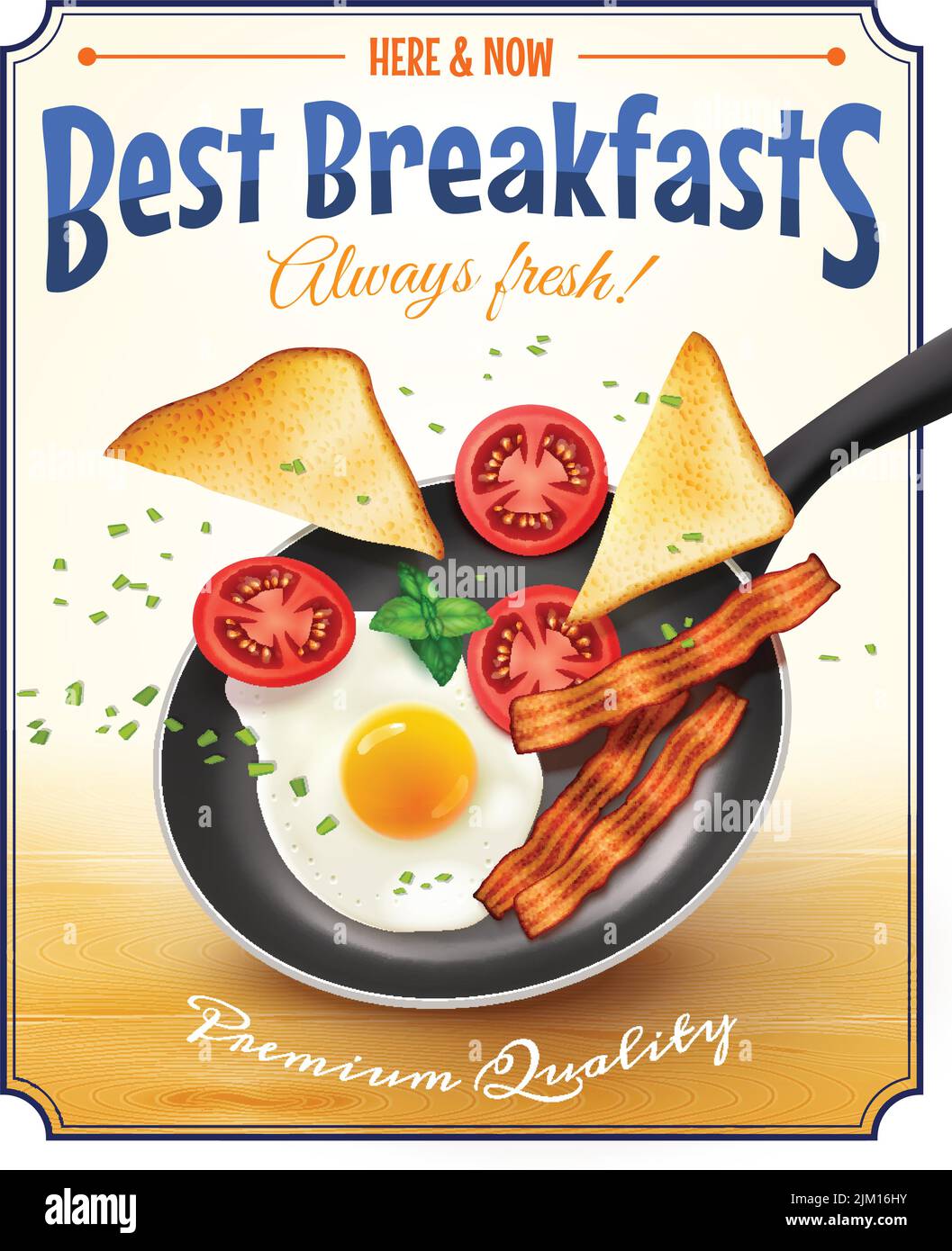 Cafe restaurant best breakfast advertisement poster with traditional american fried egg bacon bread tomatoes retro vector illustration Stock Vector