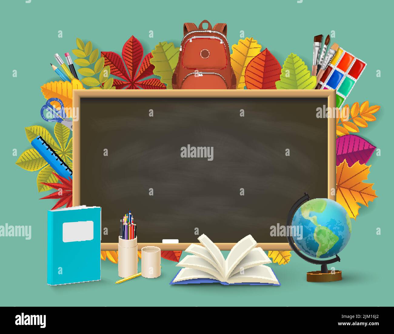 back to school poster with calculator and supplies in chalkboard