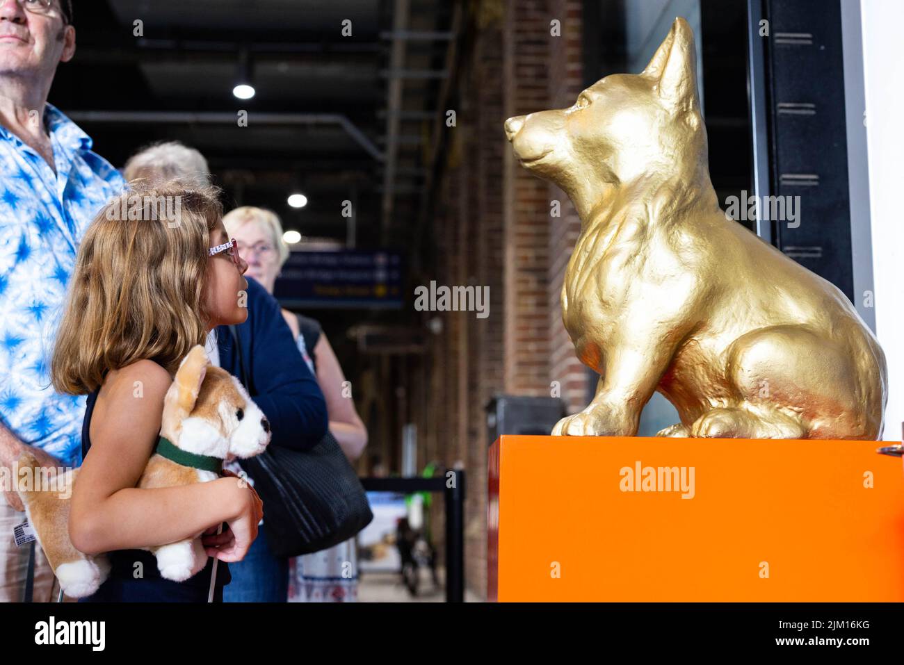 EDITORIAL USE ONLY Emma Hegarty aged 9 looks at a corgi statue at 'The View from The Shard' as the tourist attraction unveils its new themed visitor experience, 'British Icons'. Issue date: Thursday August 4, 2022. Stock Photo