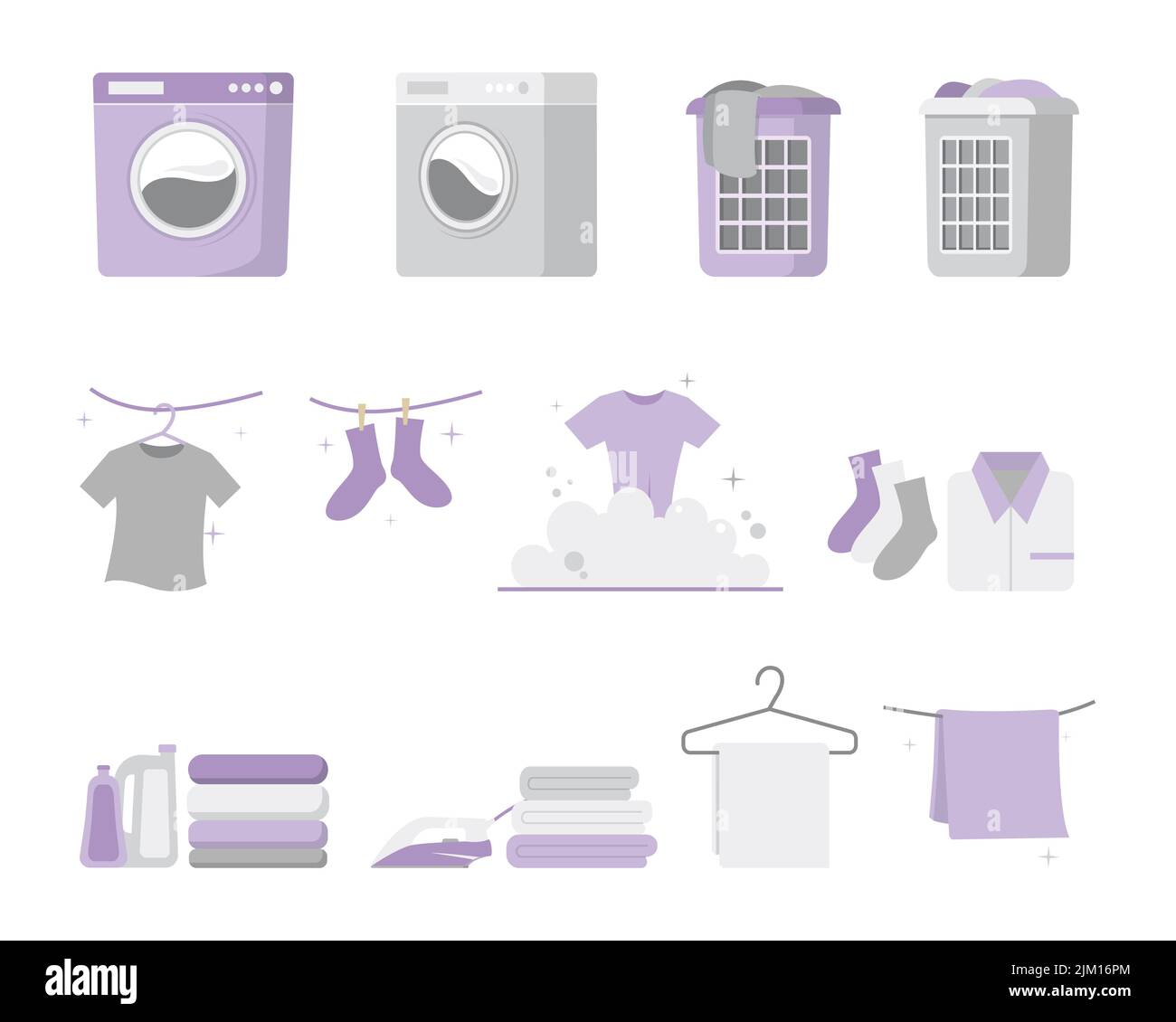 Set of laundry icons, clothes, washing machine, dryer, iron, clothes