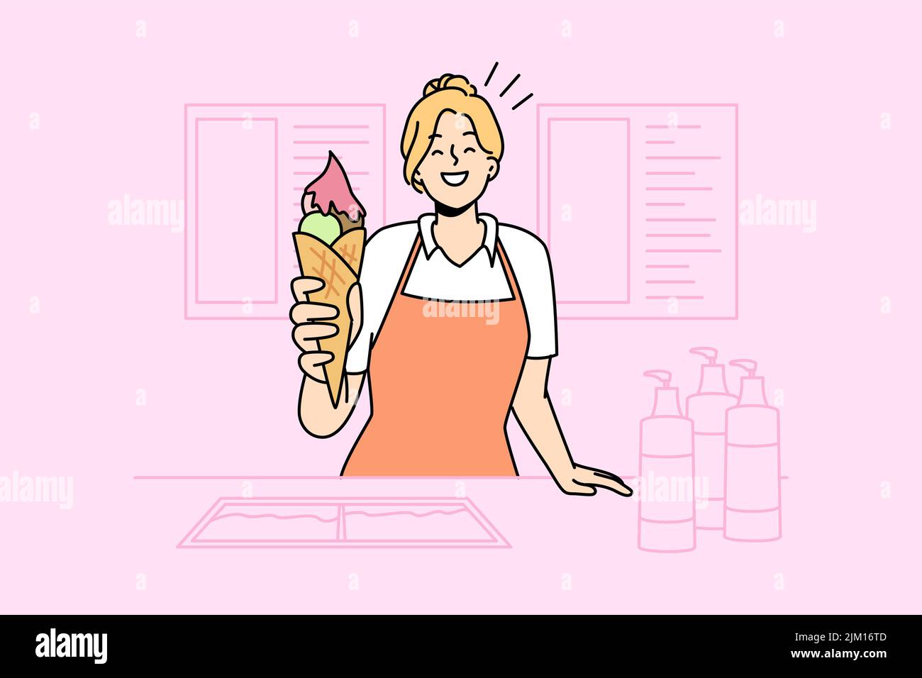 Smiling girl seller stretch hand with ice-cream from street vendor. Happy woman give frozen dessert. Commerce and small business. Vector illustration.  Stock Vector