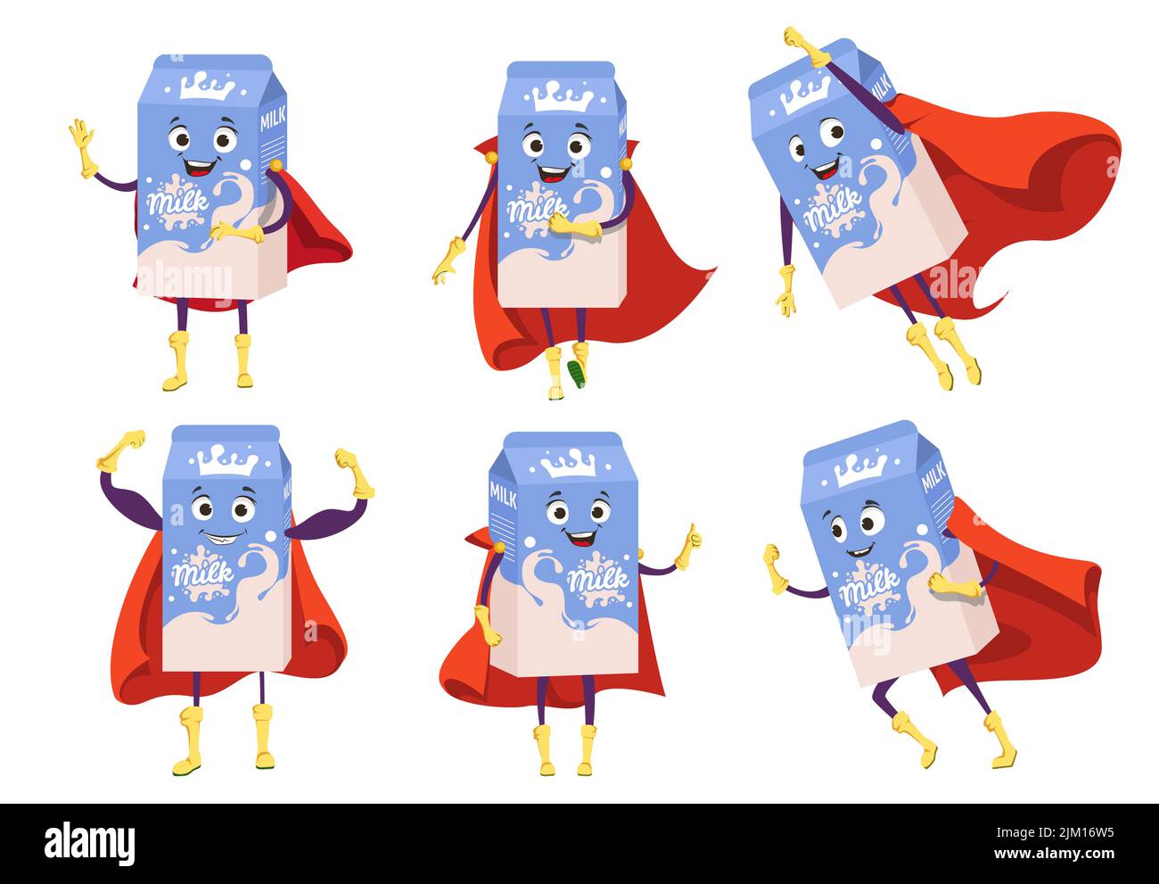 Cute milk cardboard box mascot vector set. Funny healthy dairy drink superhero wearing cloak with happy face expression isolated on white background. Stock Vector