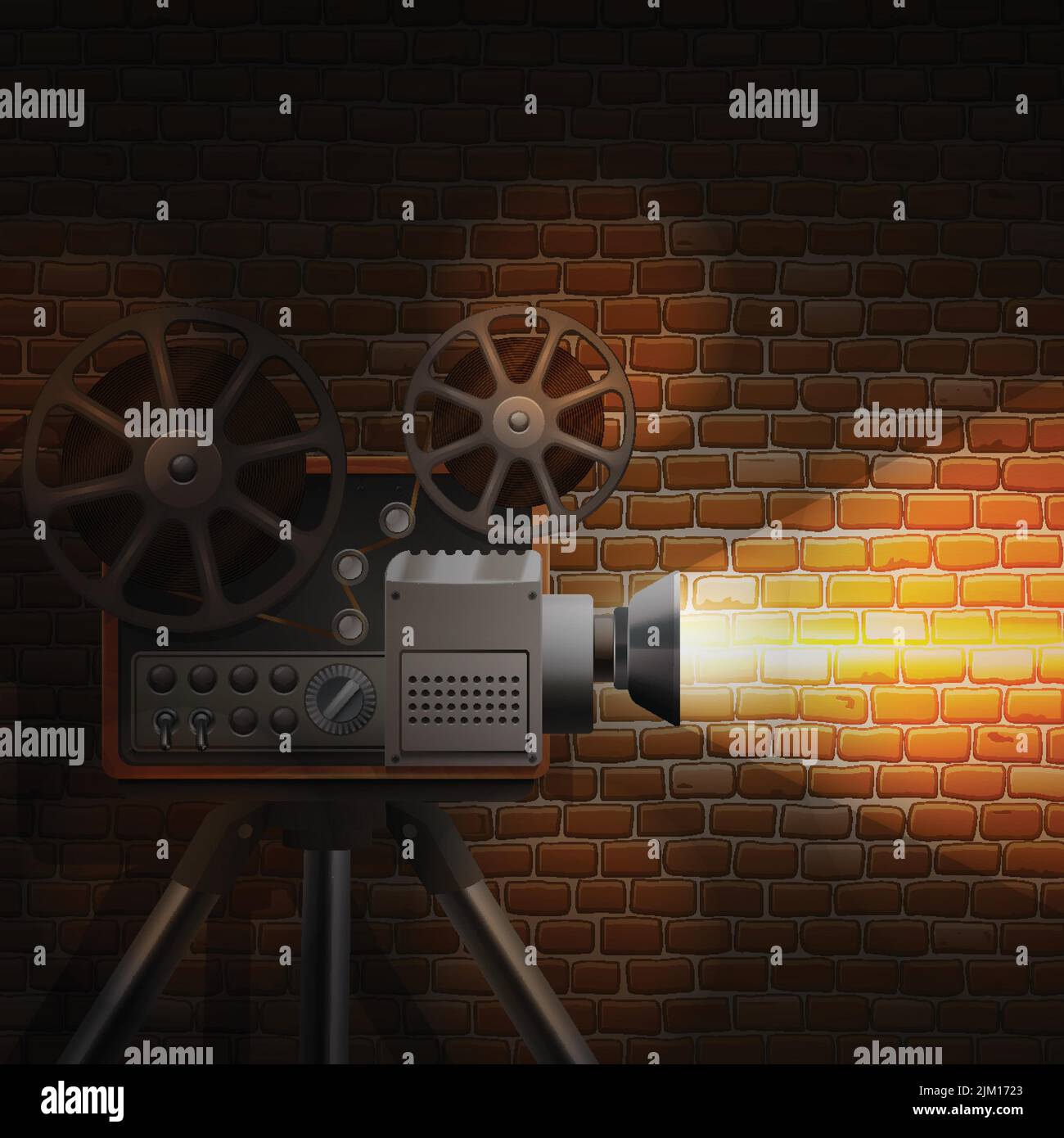 Retro film wallpaper with realistic projector and spotlight on brick wall background vector illustration Stock Vector
