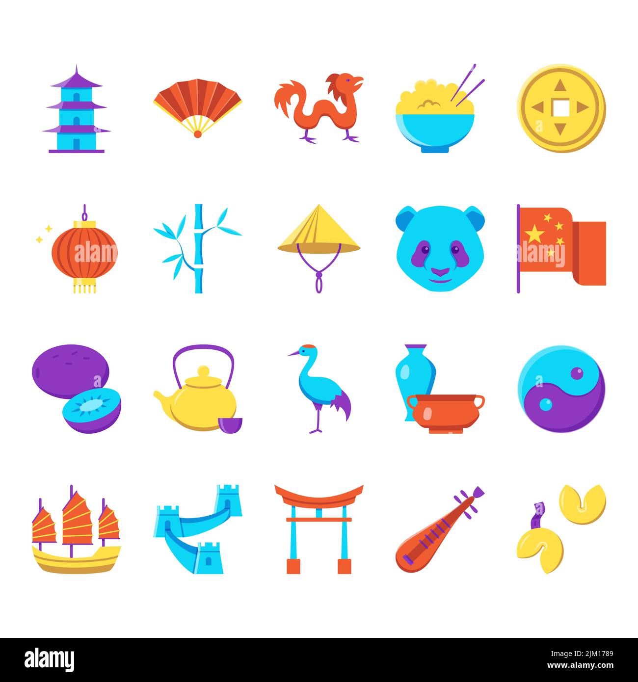 China icon set in flat style. Chinese traditional symbols. Vector illustration. Stock Vector