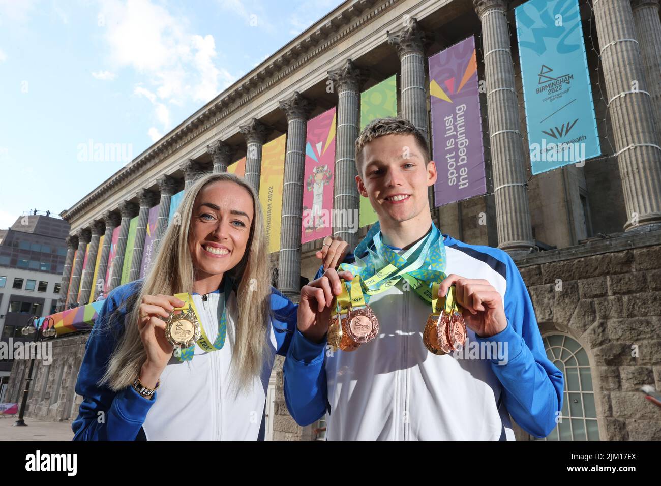 Handout photo of Scotland's Duncan Scott (right) and Eilish McColgan posing with their Commonwealth Games medals on day seven of the 2022 Commonwealth Games in Birmingham. Picture date: Thursday August 4, 2022. Stock Photo