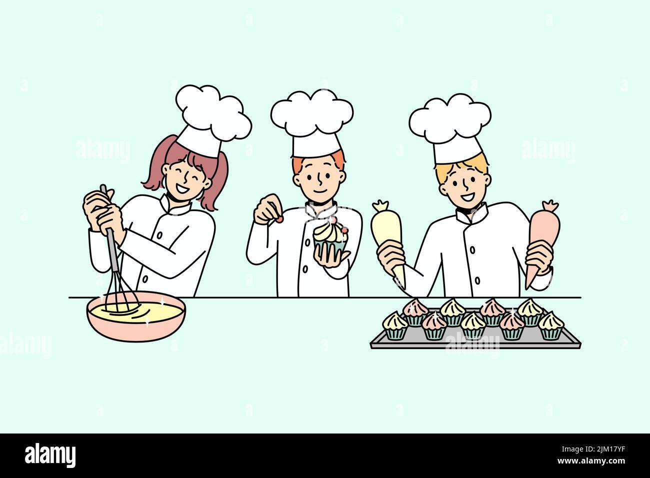 https://c8.alamy.com/comp/2JM17YF/little-kids-cooks-have-fun-baking-together-smiling-small-children-in-uniforms-cooking-preparing-desserts-at-kitchen-workshop-or-future-profession-vector-illustration-2JM17YF.jpg