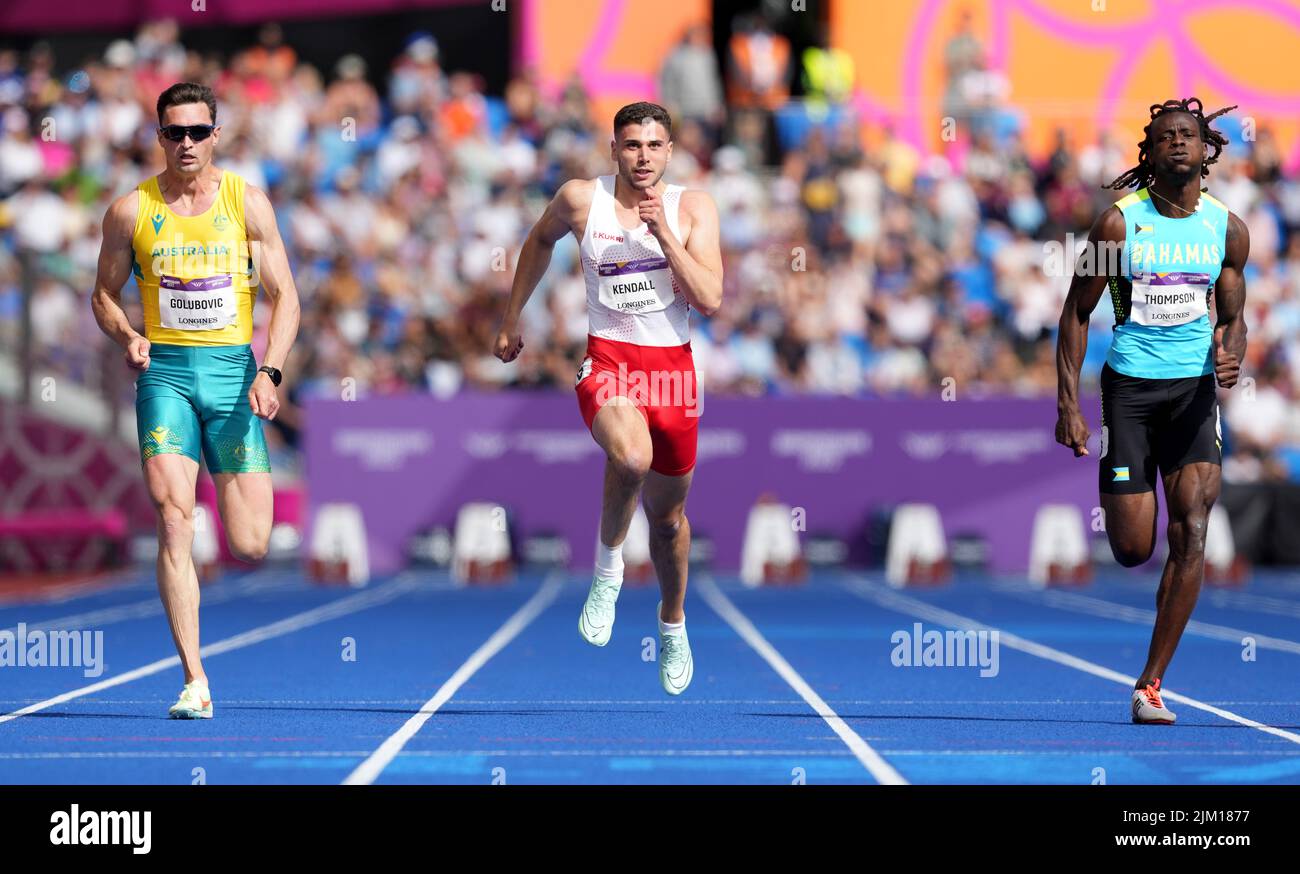 England's Harry Kendall (centre) along side Australia's Daniel Golubovic (left) and Bahamas' Kendrick Thompson during the Men's Decathlon 100 metres at Alexander Stadium on day seven of the 2022 Commonwealth Games in Birmingham. Picture date: Thursday August 4, 2022. Stock Photo