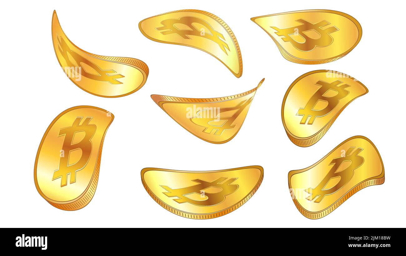 Set of curved golden bitcoin coins isolated on white. Twisted and flowing BTC coins. Vector design elements. Stock Vector
