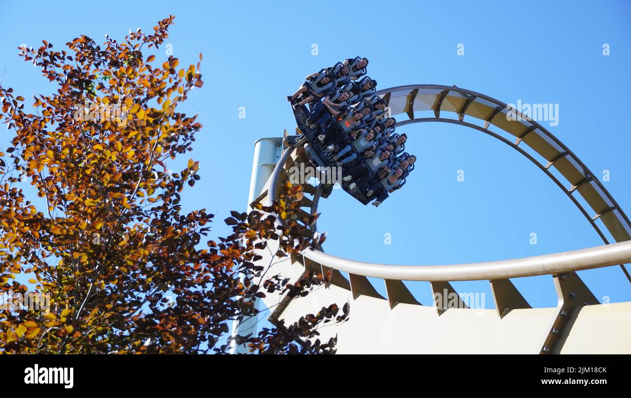 Gothenburg, Sweden - July.27.2022: Young People screaming during a ride at Liseberg roller coaster 'Valkyia' Stock Photo