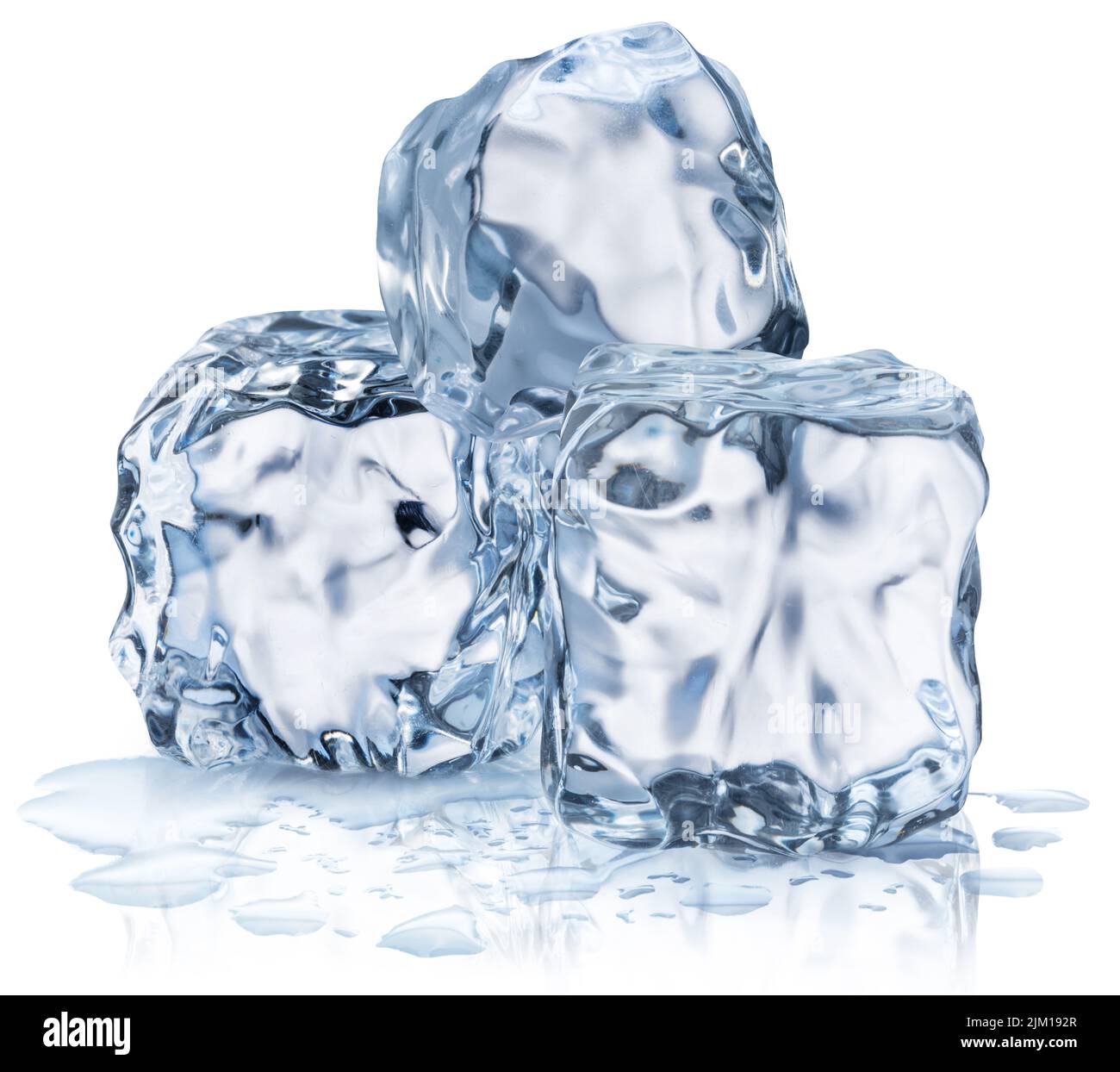 Three melting ice cubes in water puddle. File contains clipping paths. Stock Photo