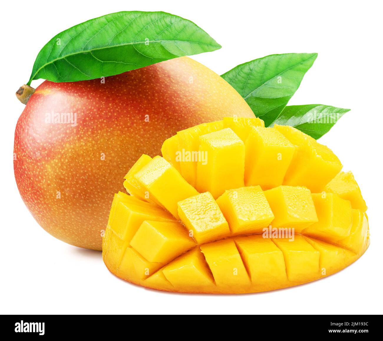 Mango fruit with green leaf and mango cut in hedgehog style isolated on white background. Stock Photo
