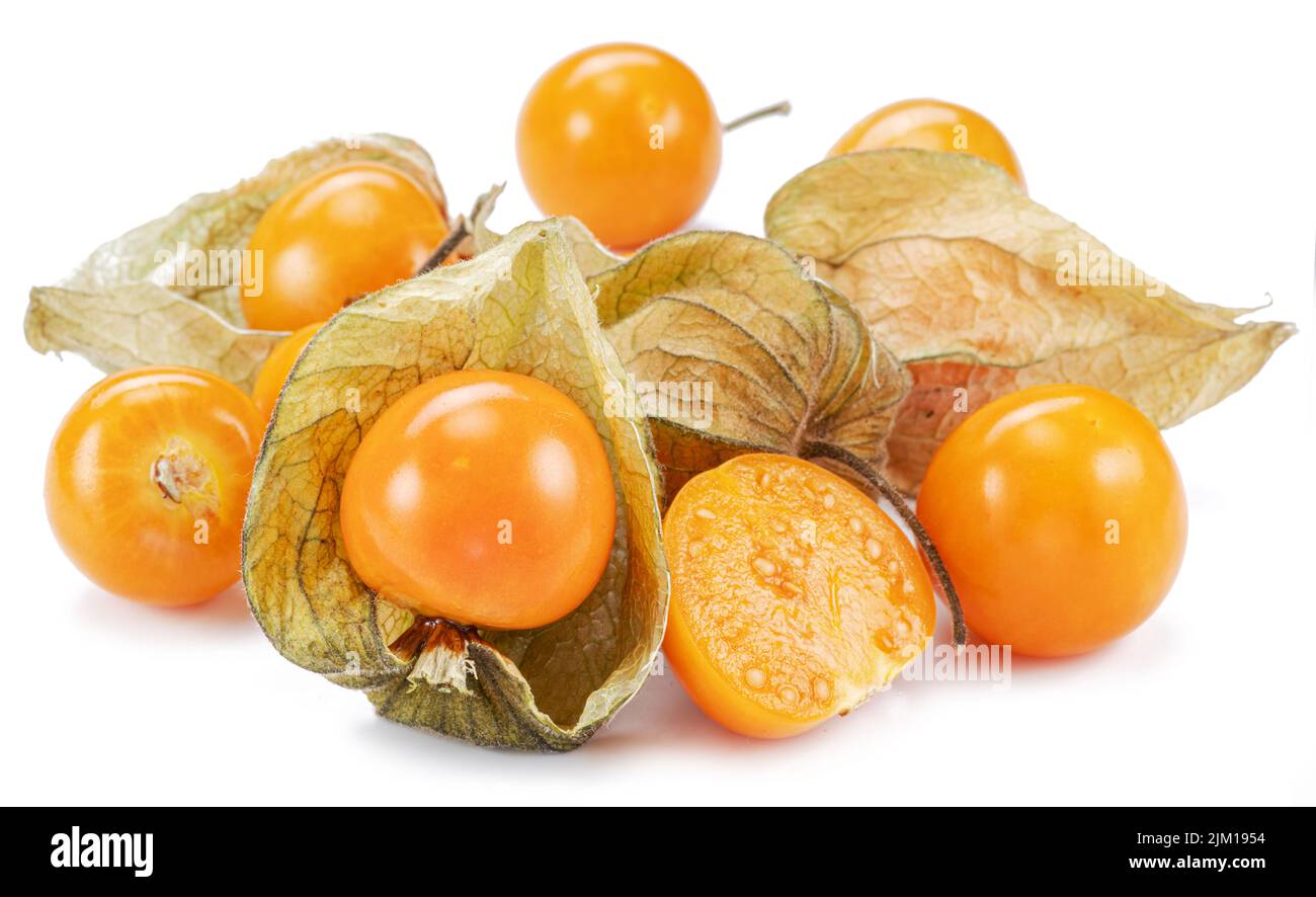Ripe physalis or golden berry fruits in calyx isolated on white ...