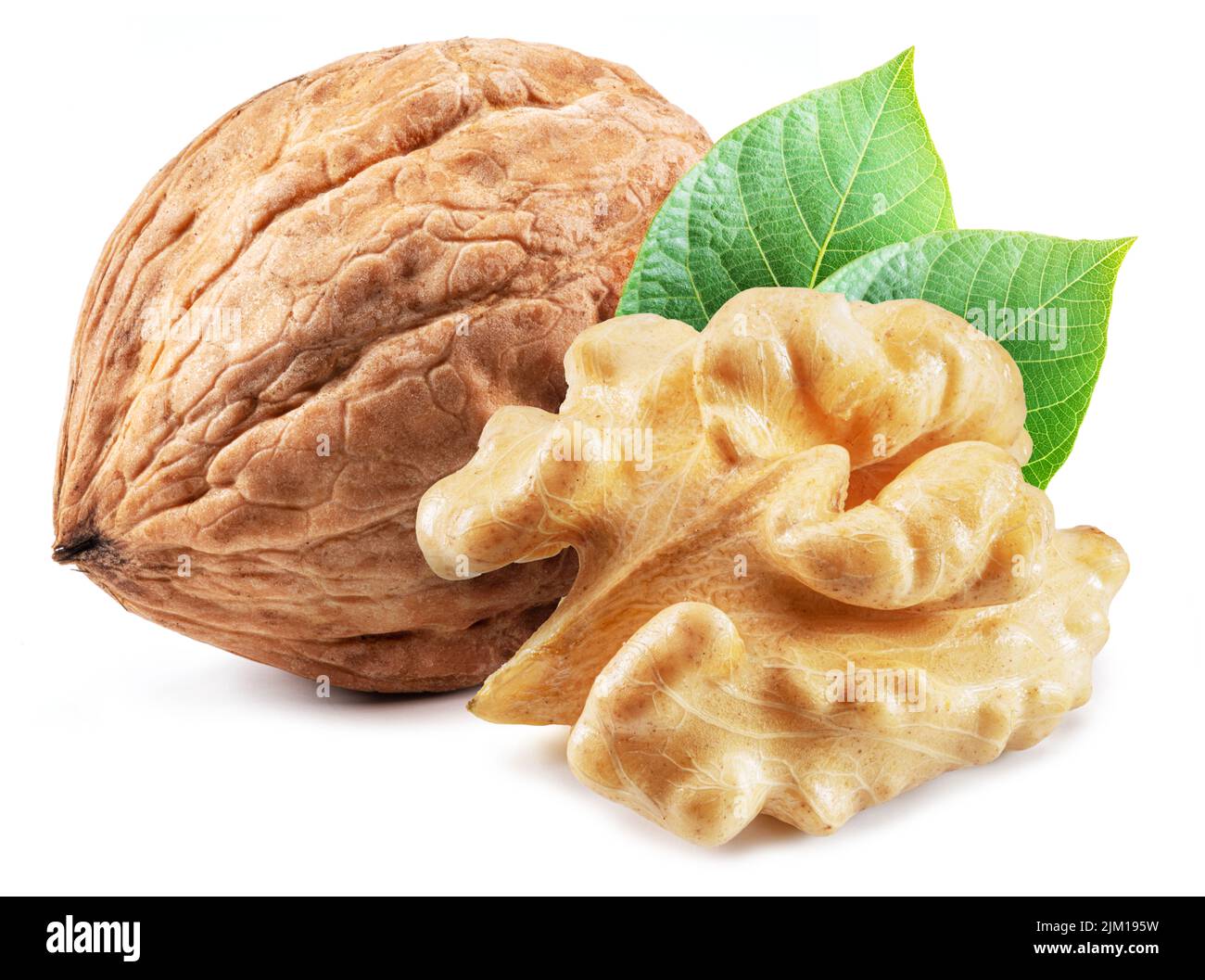 Whole walnut and walnut kernel with leaves isolated on white background. Stock Photo