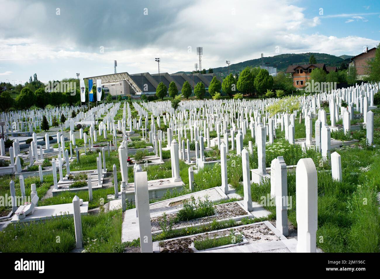Sarajevo, Bosnia. War graves from the Siege of Sarajevo, beside the Olympic Stadium. Stock Photo