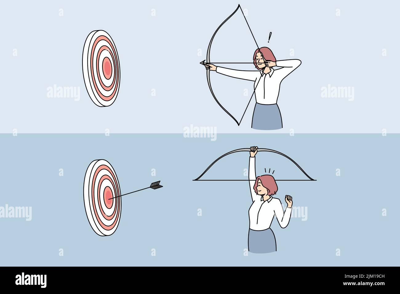 Woman with bow and arrows shooting target. Successful businesswoman win