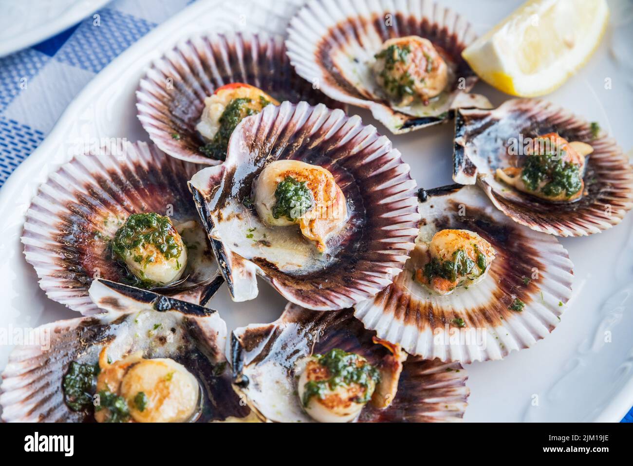 'Lapas' or true limpets with green moyo - traditional seafood of Tenerife and Madeira Islands. Stock Photo