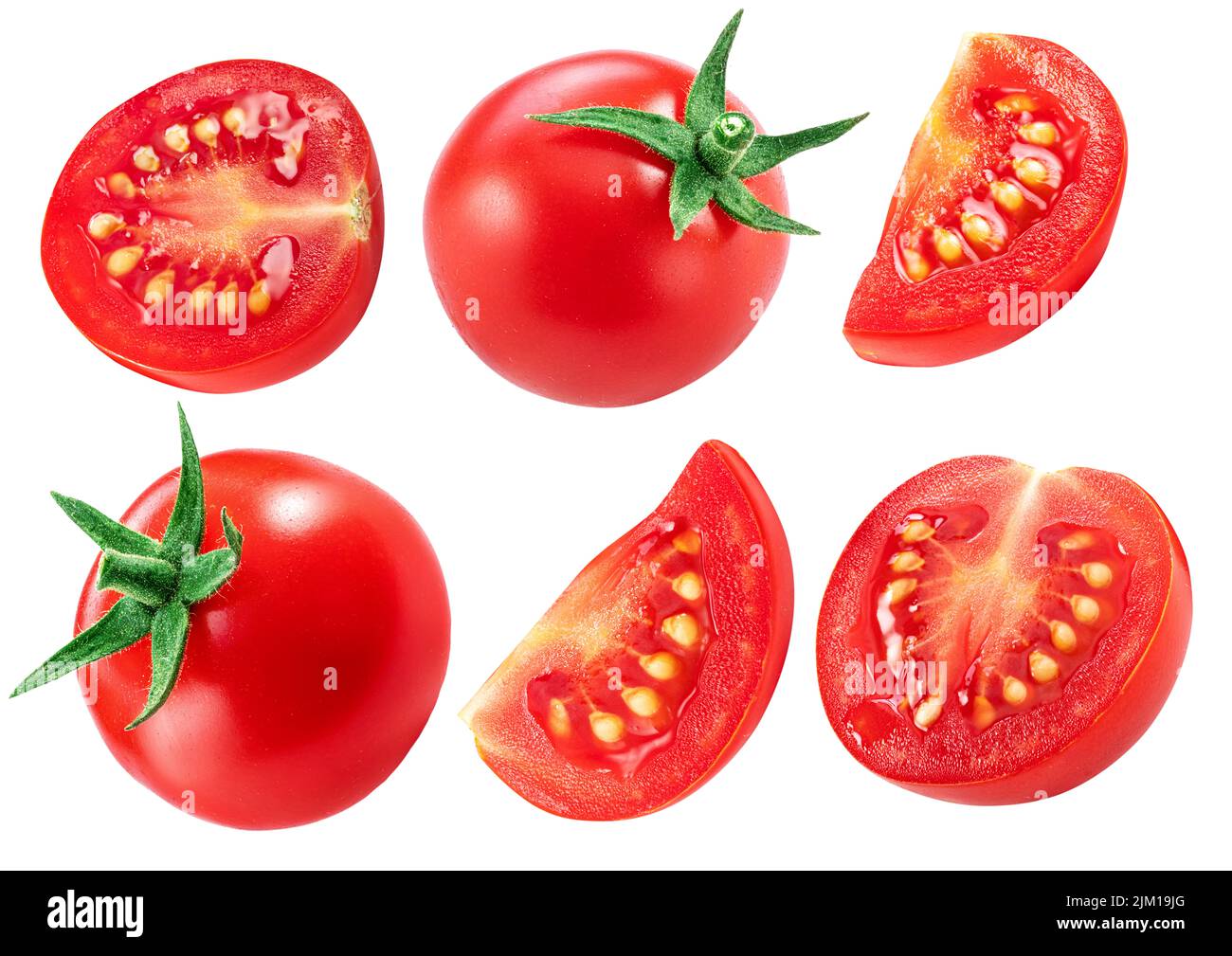 Set of cherry tomatoes and tomato slices isolated on white background. Macro shot. File contains clipping path for each item. Stock Photo