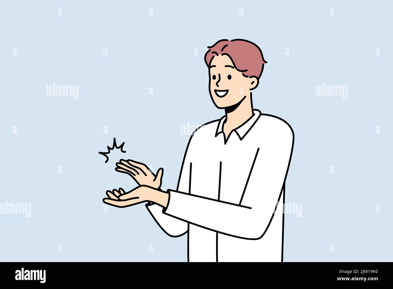 Smiling man clapping hands thanking or showing appreciation. Happy businessman applaud celebrate good deal. Acknowledgement and gratitude. Vector illustration.  Stock Vector