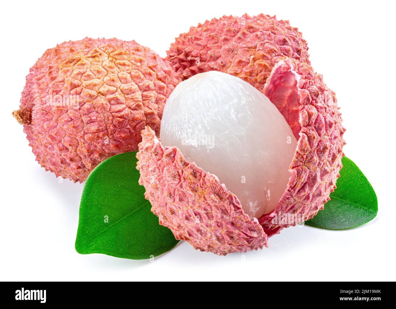 Whole and opened lychee fruit isolated on white background. Stock Photo