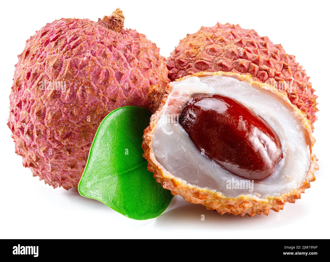 Whole and opened lychee fruit isolated on white background. Stock Photo
