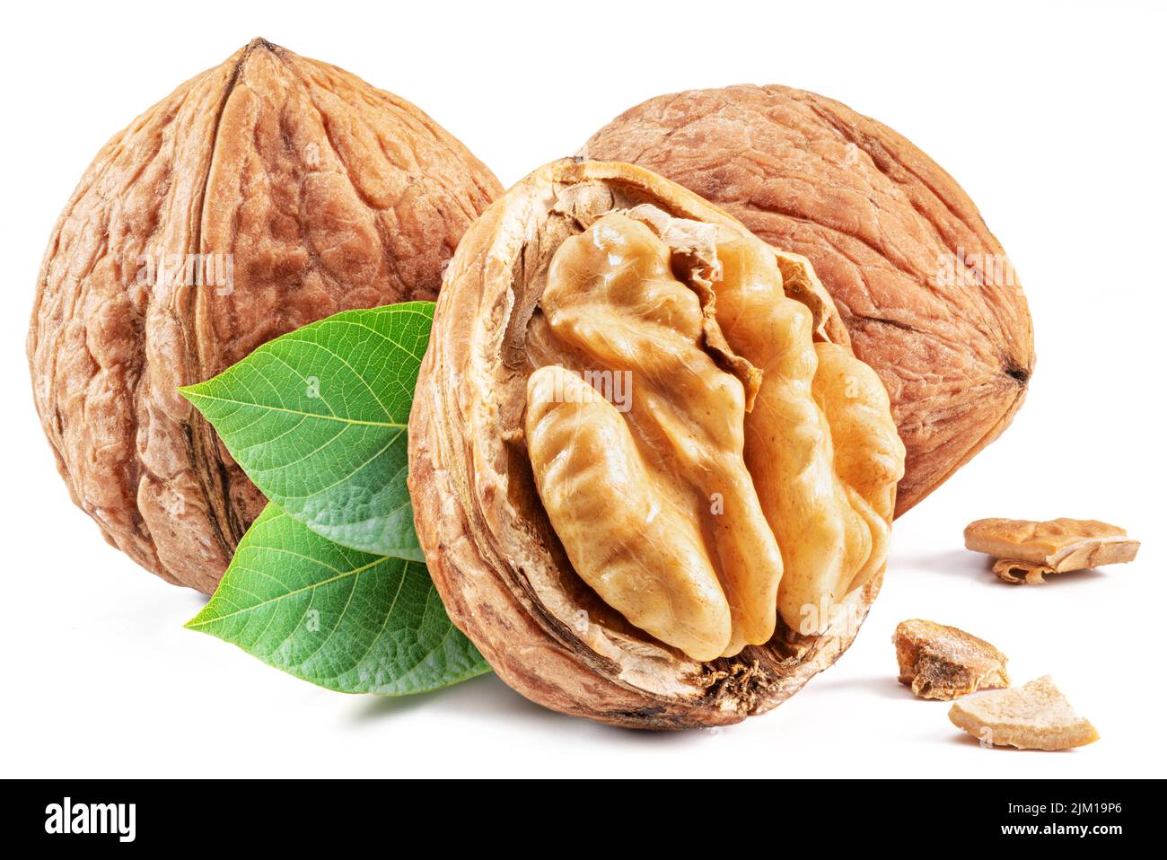 Walnuts, walnut kernel and green leaves isolated on white background. Stock Photo