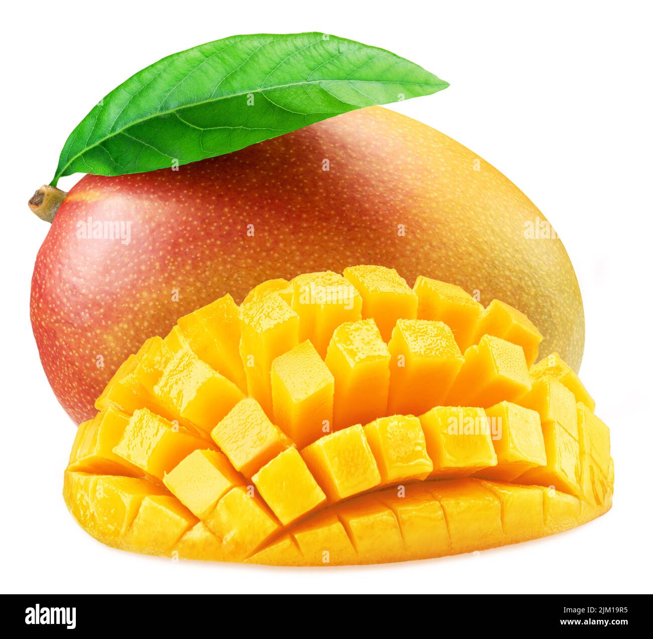 Mango fruit with green leaf and mango cut in hedgehog style isolated on white background. Stock Photo