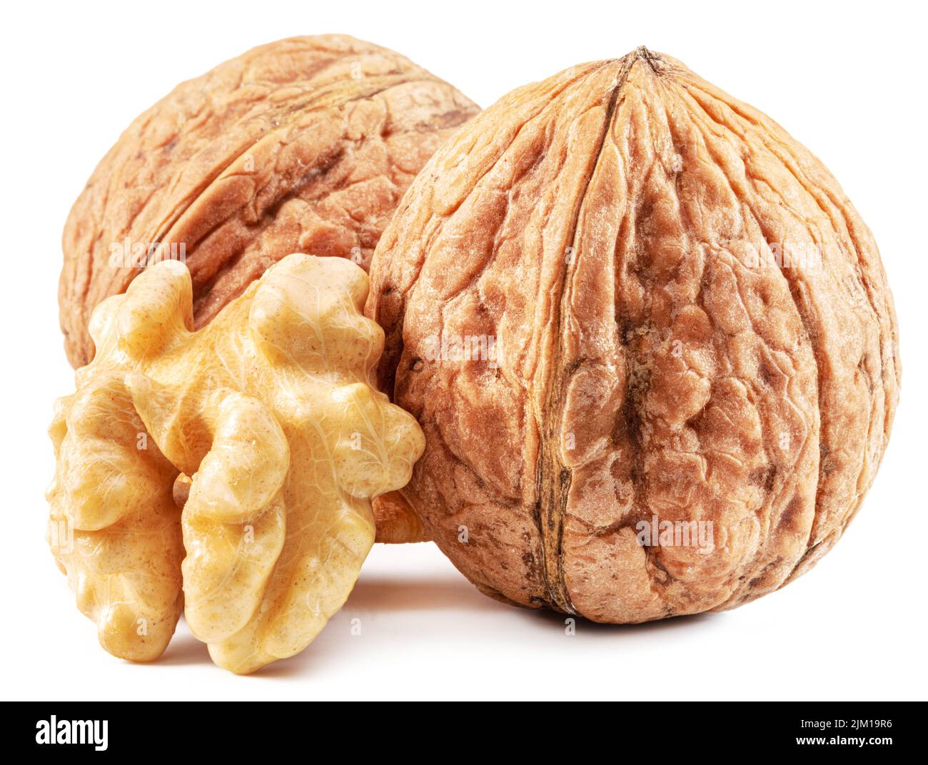 Walnuts and walnut kernel isolated on white background. Stock Photo