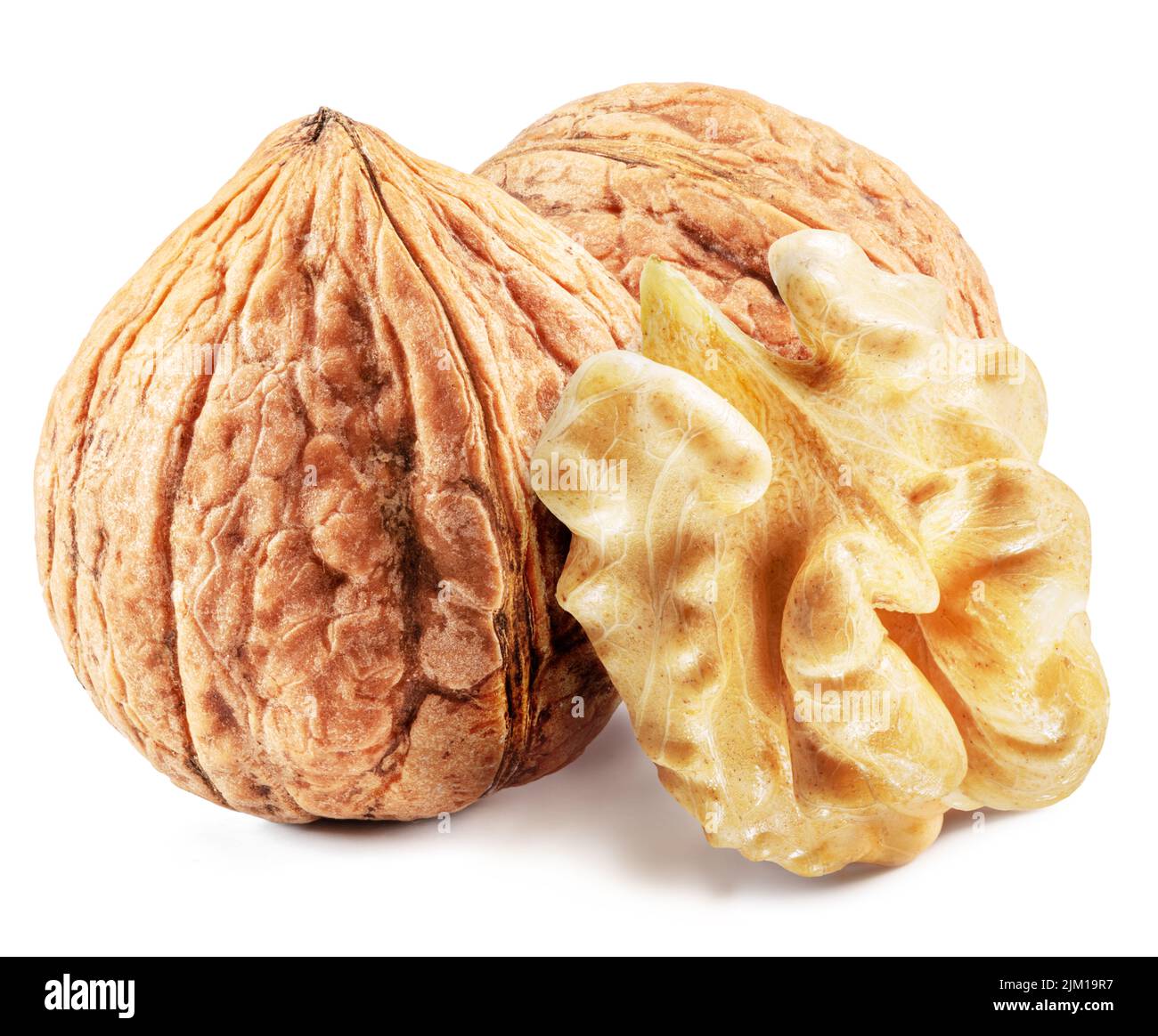 Walnuts and walnut kernel isolated on white background. Stock Photo