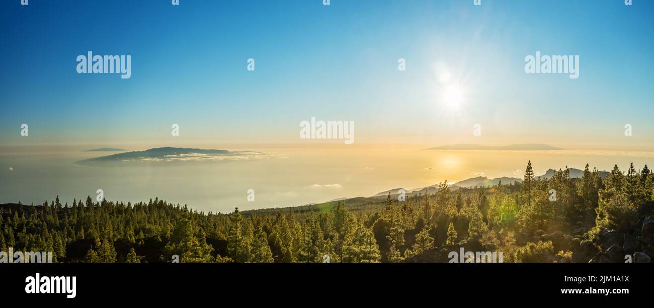 View of Island La Gomera above clouds from Teide National Park road. Tenerife Island. Stock Photo