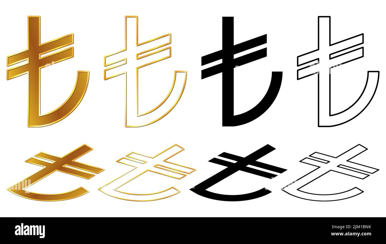 Tl Money. Sign Set of Turkish lira TRY currency golden signs, silhouette and outline ...