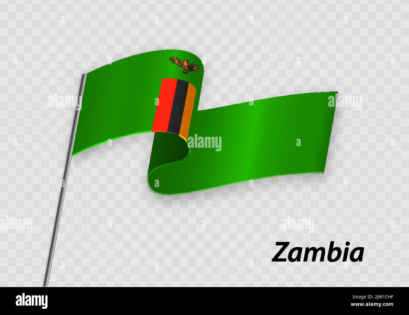 Waving flag of Zambia on flagpole. Template for independence day design Stock Vector