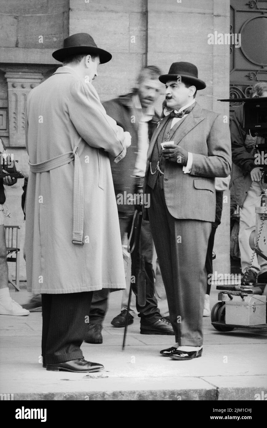 Brussels, Belgium - August 12, 1992: David Suchet actor and Philip Jackson on the set of - the chocolate box - Hercule Poirot at the Cinquantenaire in Brussels Stock Photo