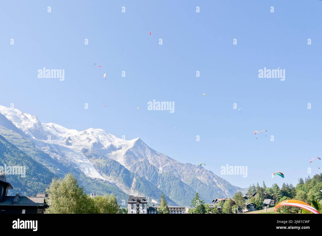 Paragliders above the Chamonix Valley, Chamonix Mont-Blanc, France Stock Photo