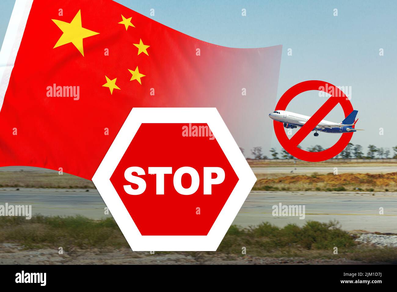 Airplane with forbidden sign and China flag. No fly zone in China Stock
