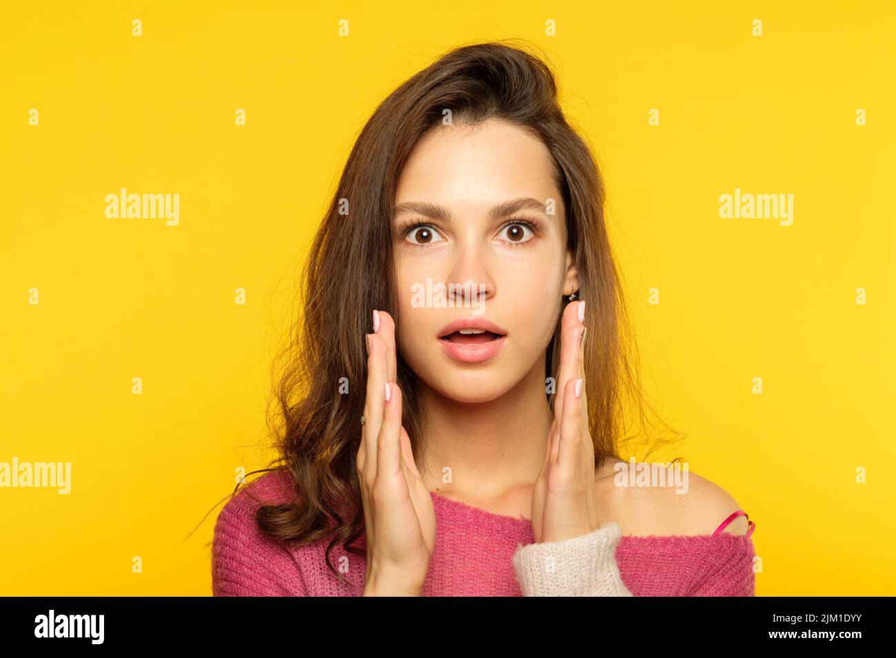 surprised startled amazed woman gasping emotion Stock Photo