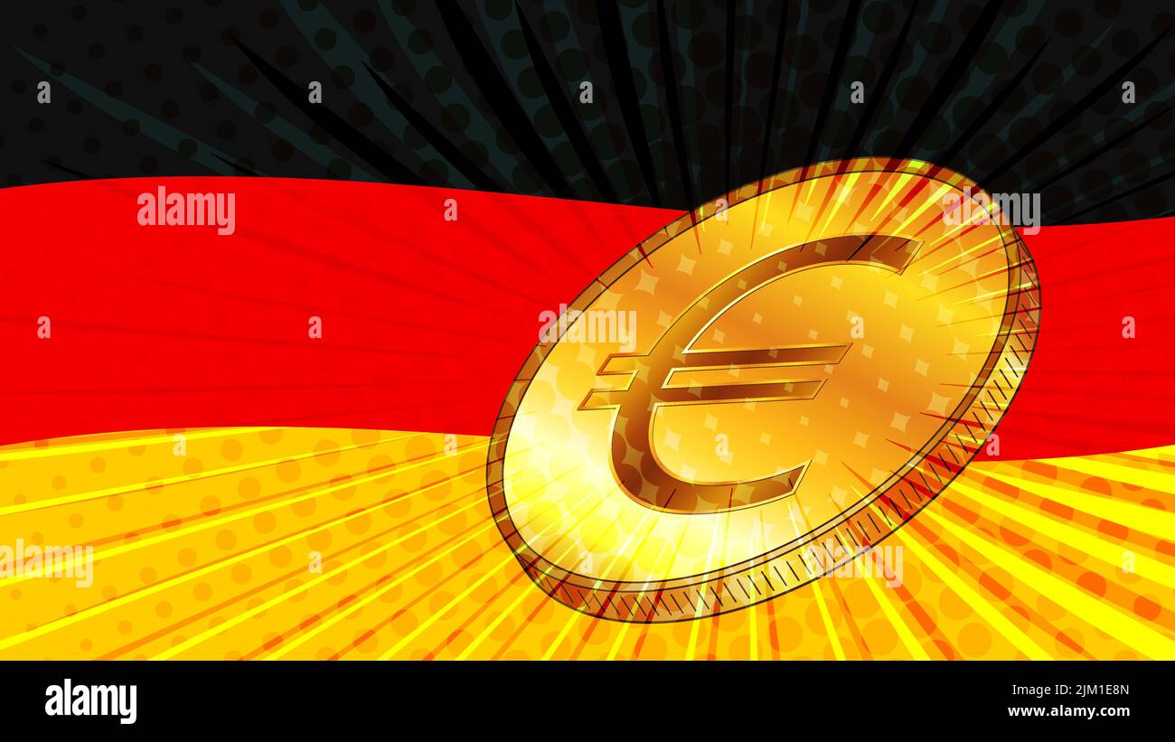 Germany flag and Golden coin with sign currency Euro EUR. CBDC concept