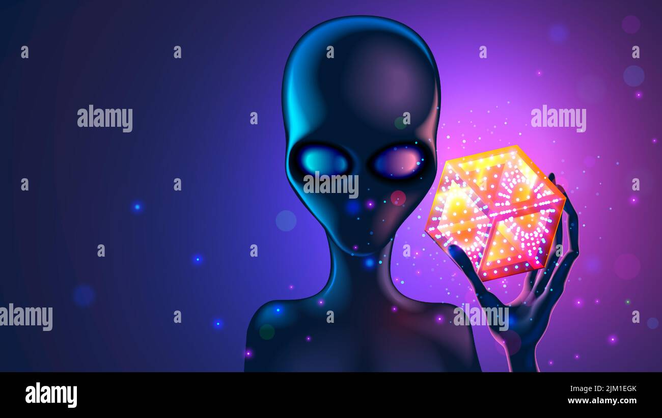 Alien face without mouth telepathically transmits knowledge. Sci-fi alien with big eyes holds crystal growing cube in hand with long fingers. Realisti Stock Vector