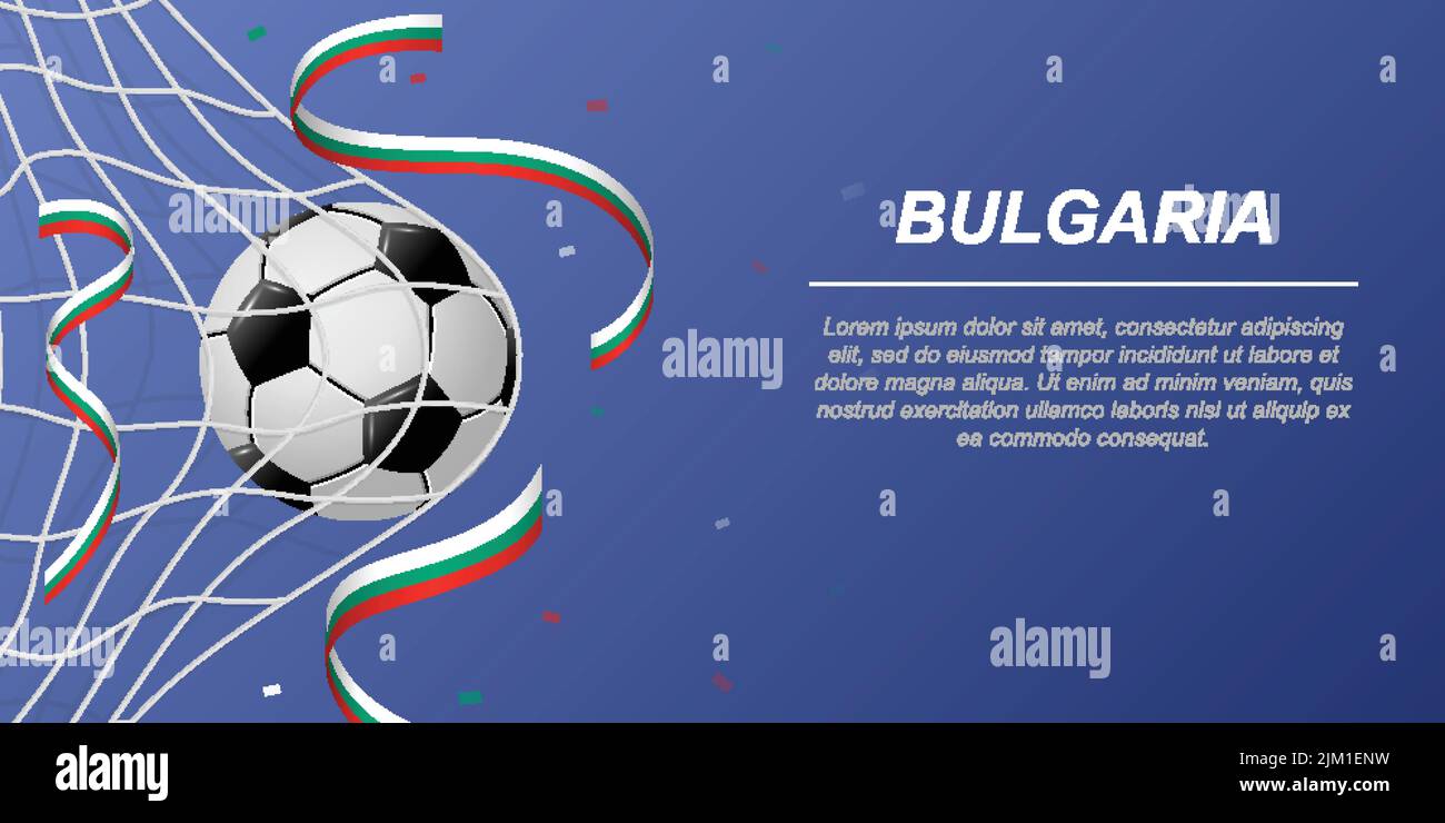 Soccer background with flying ribbons in colors of the flag of Bulgaria. Realistic soccer ball in goal net. Stock Vector